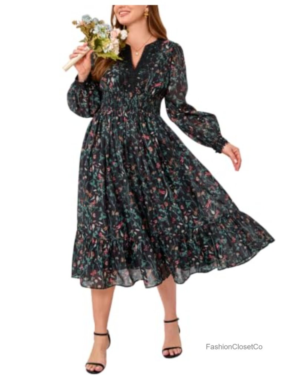 Plus Size Floral Print Lace V-Neck Long Sleeve Midi A-Line Wedding Guest Dress
